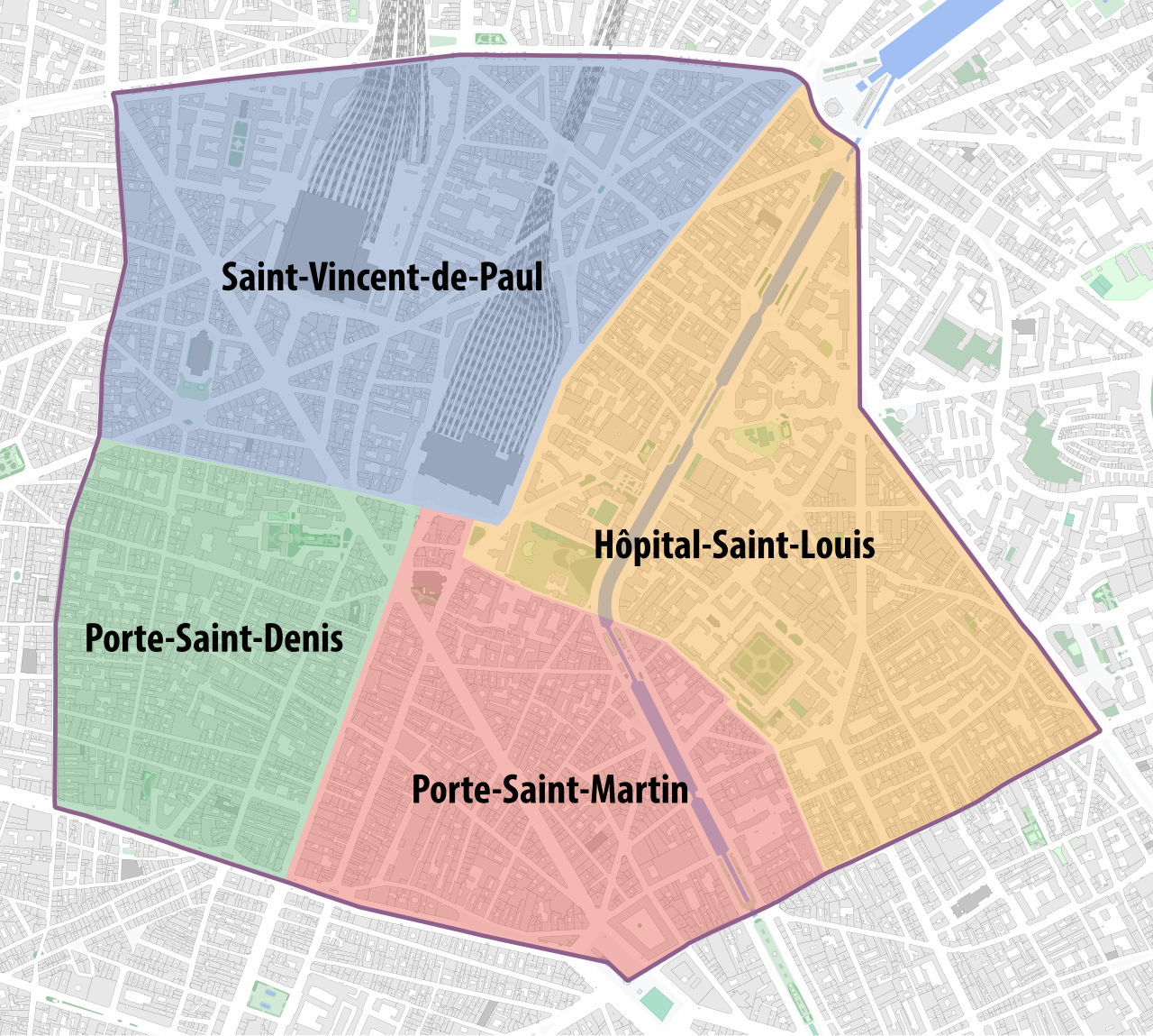 Carte des quatre quartiers du 10e arrondissement de Paris : Saint-Vincent-de-Paul, Porte Saint-Denis, Porte Saint-Martin et Hôpital Saint-Louis, où Venor Immobilier Paris Canal Saint-Martin offre ses services.