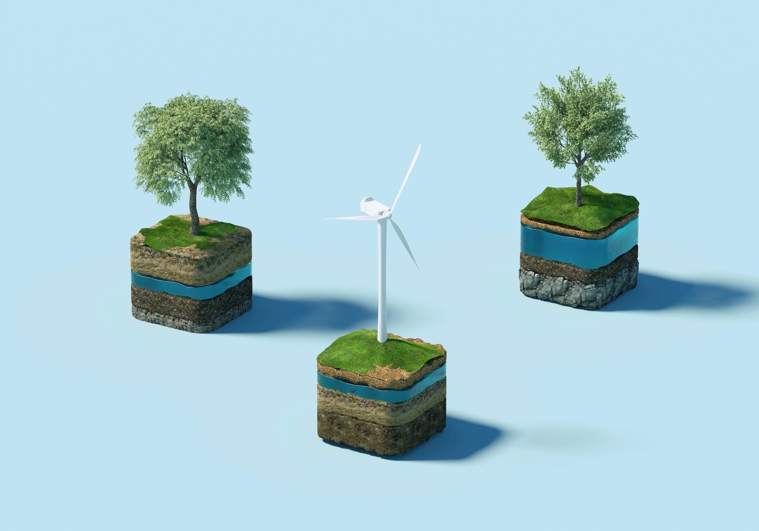 Illustration de la durabilité environnementale avec des arbres et une éolienne. Venor Immobilier Canal Saint-Martin soutient des initiatives vertes dans l’immobilier parisien.